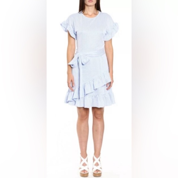Michael Kors Women’s Blue/White Striped Ruffled Faux-Wrap Dress || Size: XXS - Picture 2 of 7